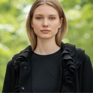 Elie Tahari Long Black Coat with Ruffle Collar